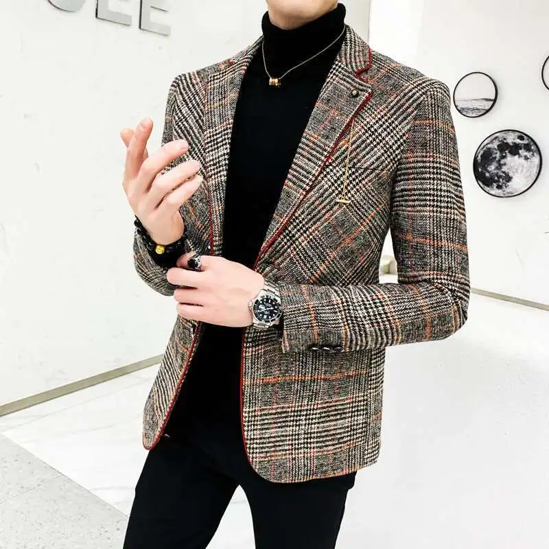 Men Wool blend Blazer Plaid Suit Jacket Men Blazer Masculino Vintage Terno Masculino Blazers Terno Blaser Homens