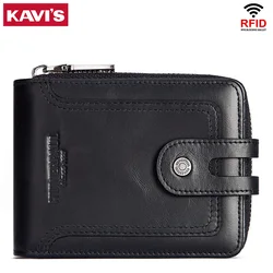 Men's Genuine Leather RFID Blocking Wallet with Zipper Coin Purse and Multi - Function Card Holder (Black)