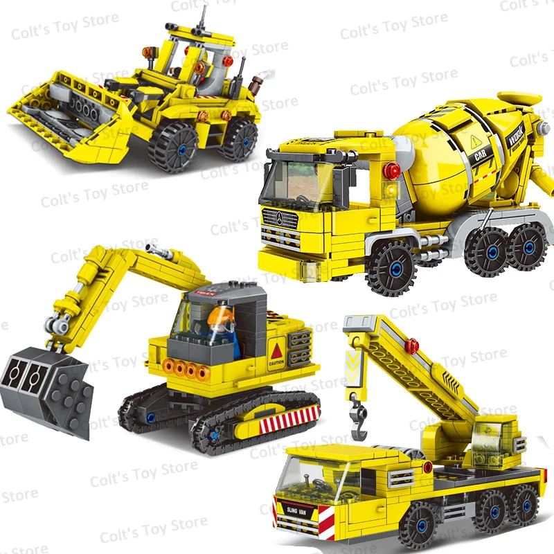 

City Building Blocks Concrete Mixer Excavator Crane Loader Engineering Trucks Model Sets Dolls DIY Bricks Figure Kids Toys Gift