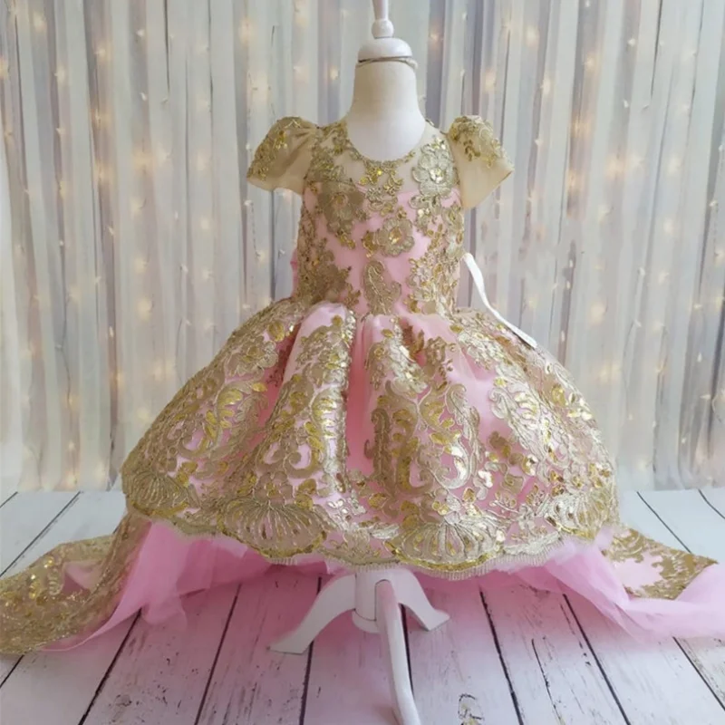 Flower Girl Dresses Pink Tulle Gold Patterned Embroidery With Big Bow And Tailing Short Sleeve For Wedding Birthday Banquet Gown