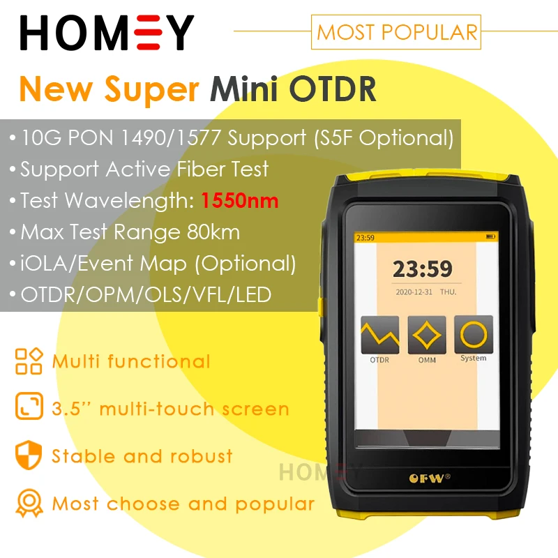 미니 OTDR OFW FWT100 액티브 파이버 라이브 테스트, 광학 반사계, 터치 스크린, OPM VFL 테스터, 광학 반사경, 1550nm, 20dB, 80km
