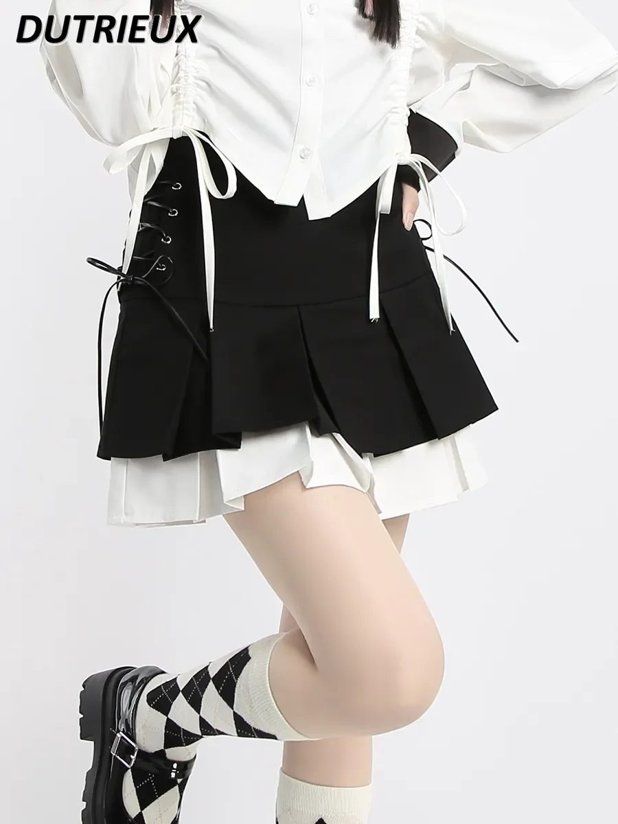 

Color Matching Lace Up Casual Skirts Pleated Irregular Short Skirt for Women A- Line Slimming 2023 New Summer High Waist Skirt