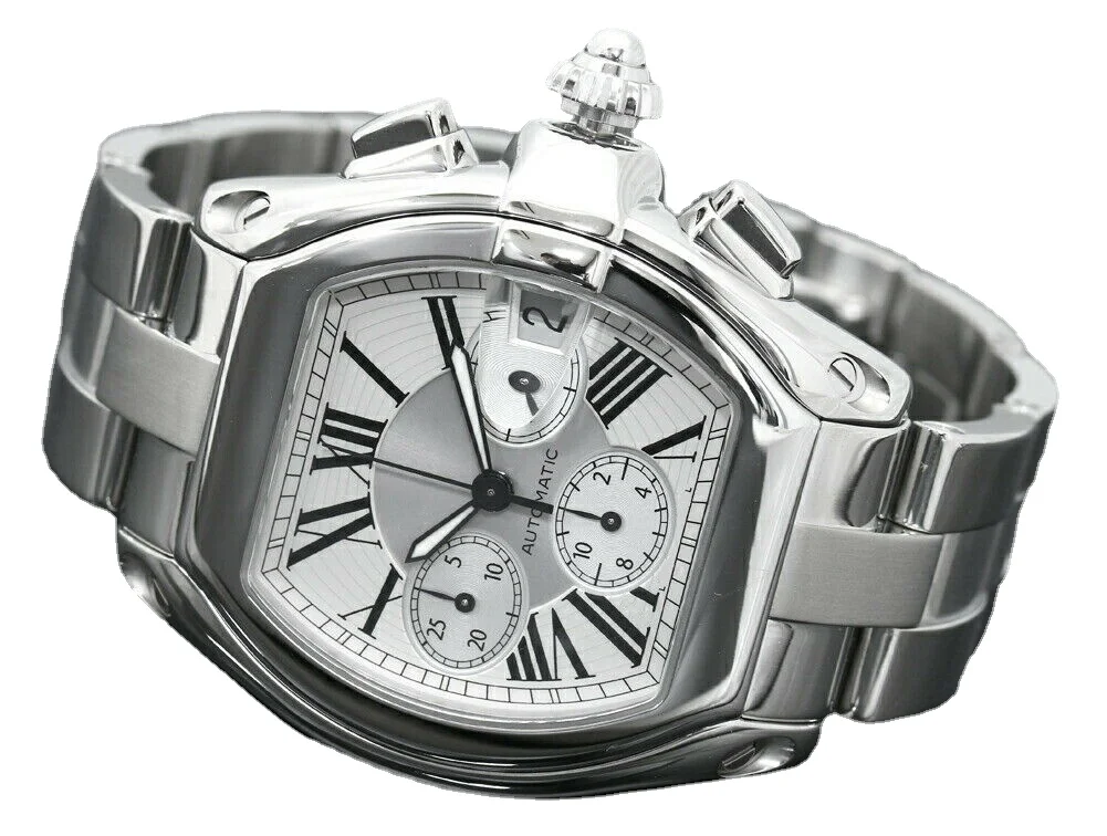 

New Mens Quartz Chronograph Watch Stopwatch Stainless Steel Roadster Fashion Black White Rome Dial