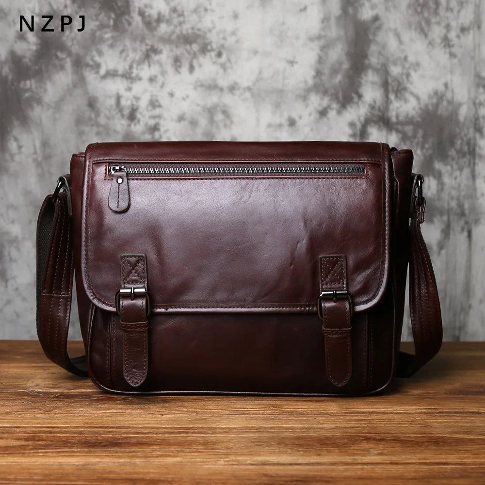 NZPJ Men's Retro Genuine Leather Shoulder Bag Top Layer Cowhide Large Capacity Slant Cross Business Casual Versatile Tablet Bag