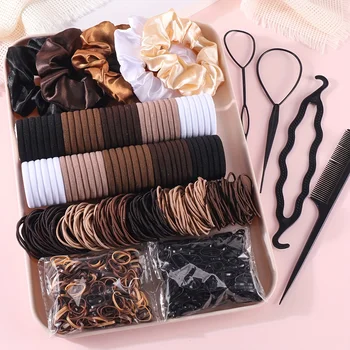 1109pcs Women Dark Hair Accessories Set Elastic Seamless Ponytail Scrunchies Small Rubber Bands Fashion Hair Ties Headbands