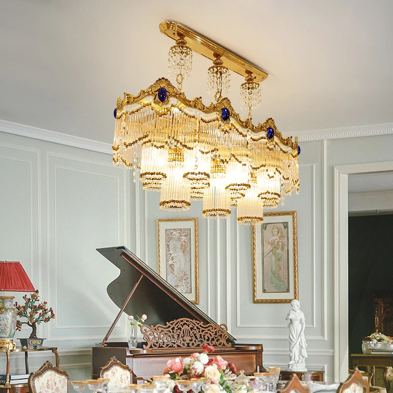 

Dining Room Chandelier Dewaxing Copper Long Lamp Villa Luxury Crystal Personalized Creative Lamps