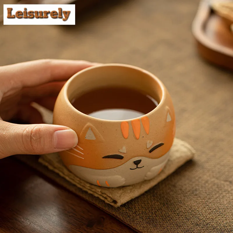 150ML Cartoon Hand-painted Wooden Fish Cat Teacup Luxury Tea Bowl Cup for Tea Fragrance Cup Jianzhan Master Cups Drinkware Craft
