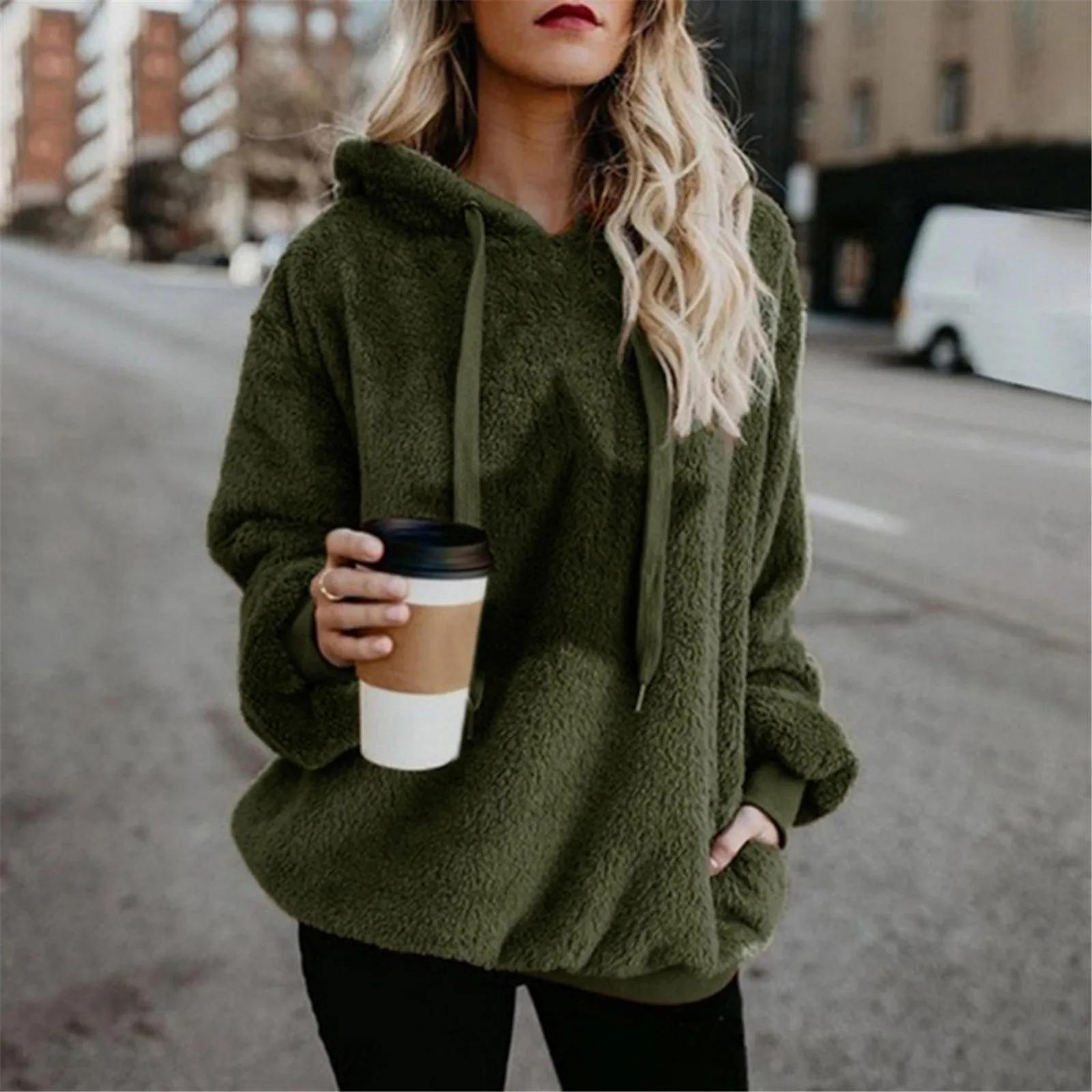 

Women's Plush Hooded Pentagram Graphic Printed Hoodies Long Sleeve Pullovers Sweatshirts Loose Casual Ladies Tops