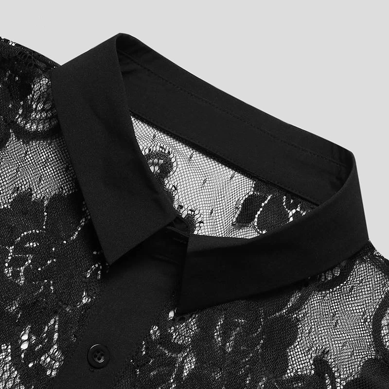 Men Short Sleeve T Shirt Fall Mens Vintage Turn-down Collar Florals Embroidery Tops Casual Buttoned Mesh Shirt