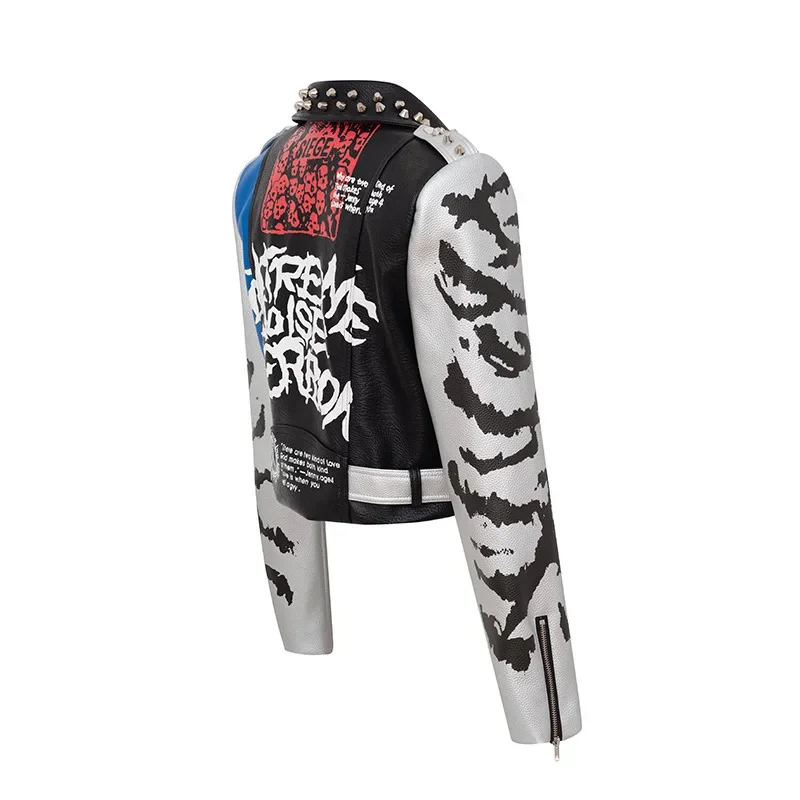 Punk Rivets Cropped Leather Jackets Women 2024 Trend Streetwear Graffiti Print Contrast Faux Leather Motorcycle Jacket