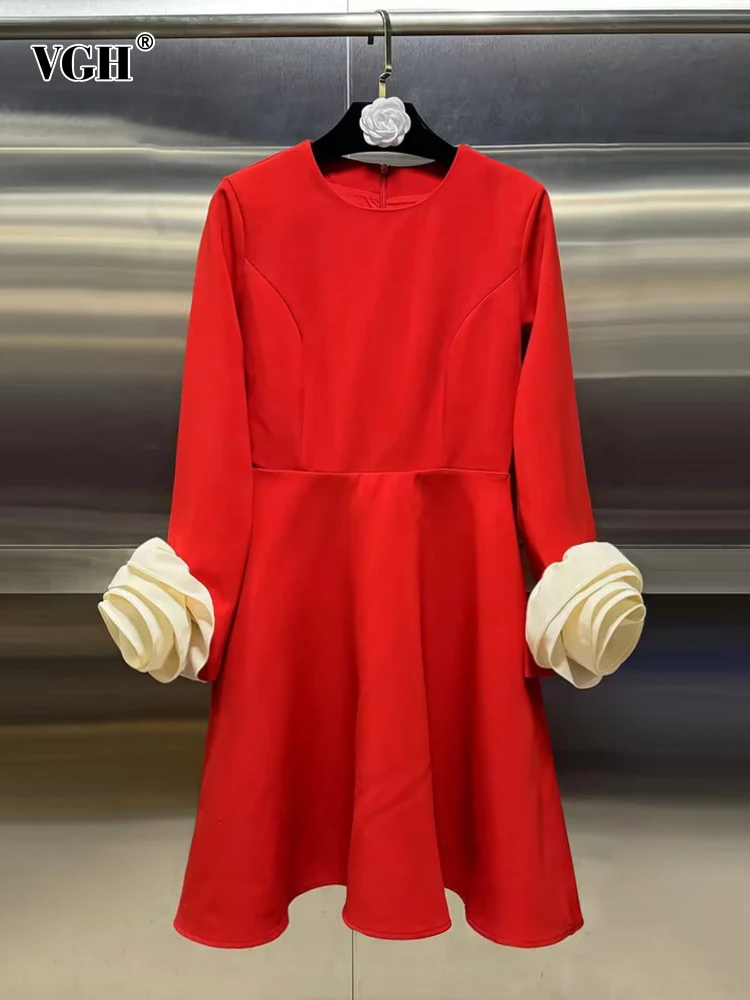 

VGH Casual Hit Color Patchwork Appliques Dress For Women Round Neck Long Sleeve High Waist Spliced Zipper Mini Dresses Female