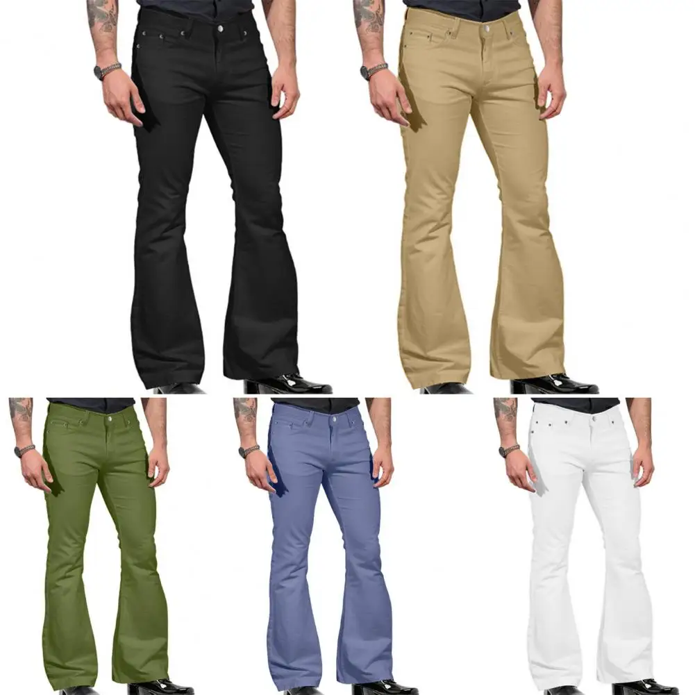 Stylish Men Flared Trousers Men's Vintage Flared Bell Bottom Jeans Solid Color Stretchy Slim Fit Mid-rise Trousers Harajuku