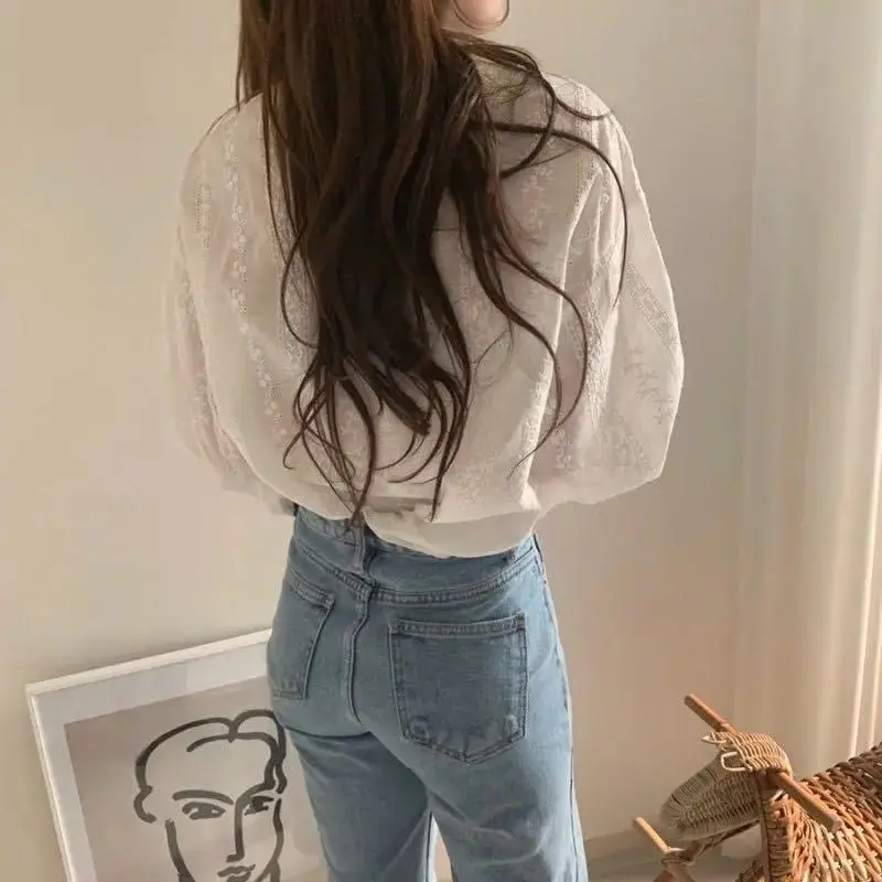 Blusa de mujer, moda Y2K, ropa de color sólido con ribete de encaje, camisa de manga larga abullonada, top de los años 2000, ropa estética urbana