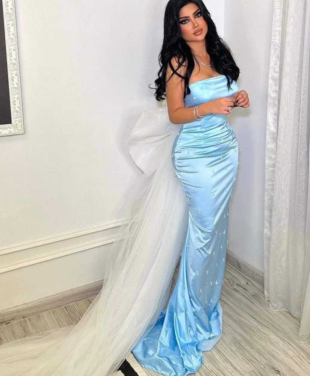 

Strapless Crystal Beads Evening Dresses For Prom 2023 Sheath With Big Bow Tulle Tail Star Style Formal Occasion Dress Party Gown
