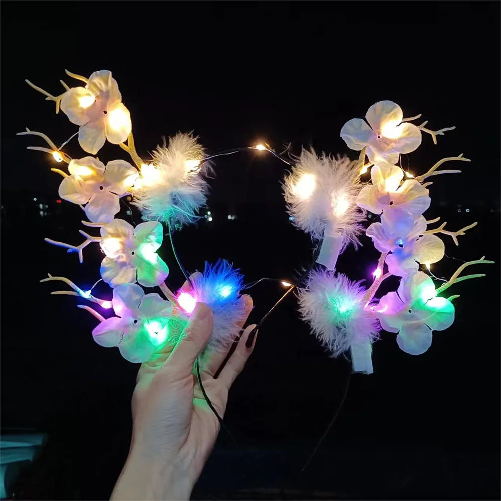 New Led Glowing Antlers Headband Plum Blossom Feather Elk Hair Accessories Christmas Decoration Party Dress Up Headdress
