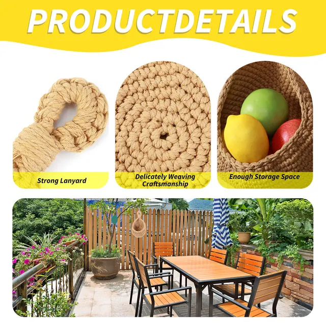 Függő Fali Zöldség Gyümölcskosarak Dekoráció Bohém Kézi Szőtt Falra Tartó Tároló Kosár Konyha Száraz Polc - Image 2