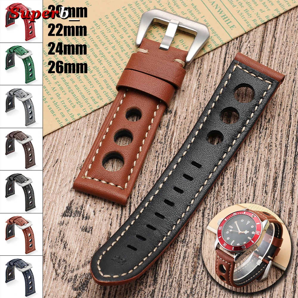 Vintage-Style Genuine Leather Watch Strap in Black, Blue, and Brown - Men's and Women's Wristband Bracelet