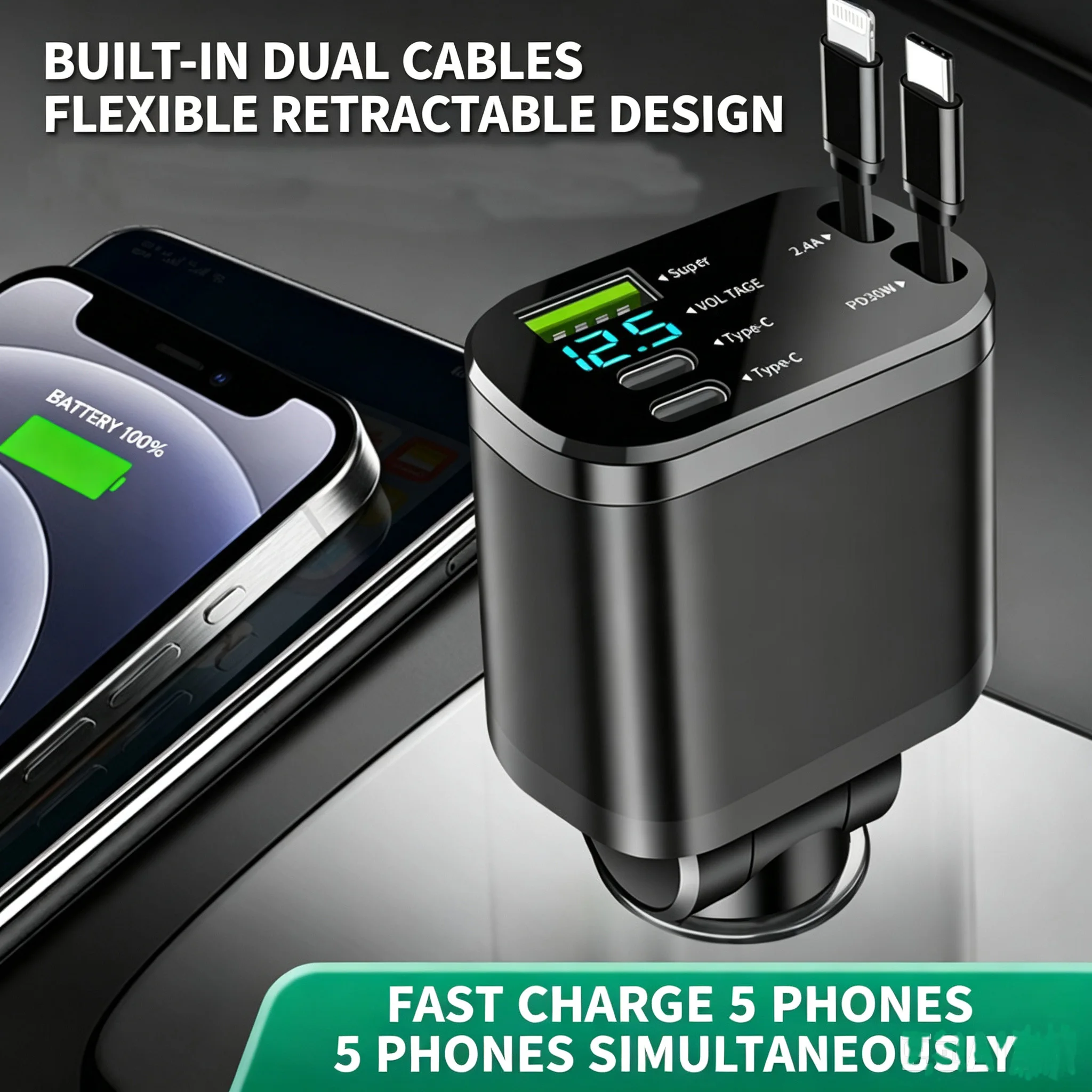 Compact Digital Display Car Charger with Retractable Cable