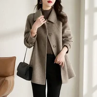 Korean Style Autumn Winter New Coat Medium Length Slimming Doll Collar Small Size Woolen Outerwear Women Loose Full Sleeve
