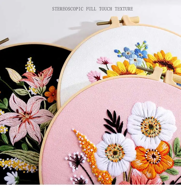 Description Picture 6 of itemDiy Handmade Embroidery Materials With Hoop Art Needlework Cross Stitch Set Colorful Time Flower Bouquets Hanging Paintings