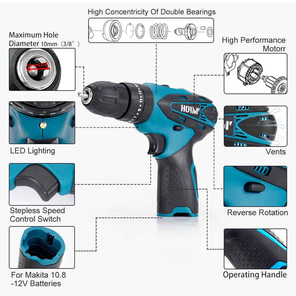 Mini Drill 12V 32N.m 2-Speed Electric Lithium-Ion Battery Cordless Drill