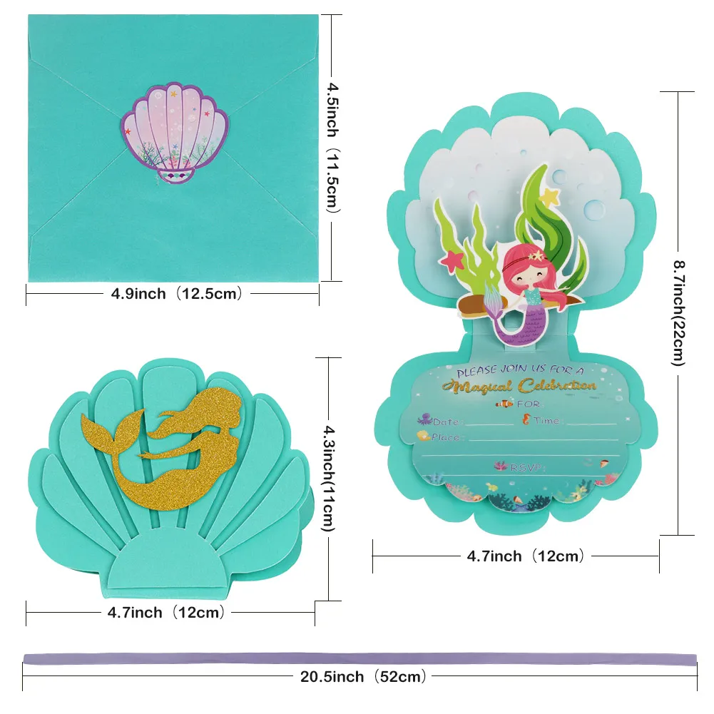 6pcs Invitation card Mermaid Party Invitations, Mermaid Birthday Party Supplies with Envelopes for Kids Girls Birthday Wedding