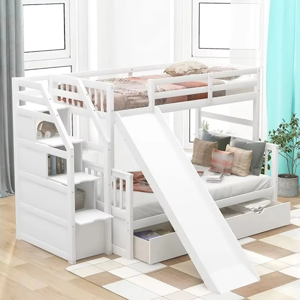 Twin Over Full Bunk Bed with Stairs and Slide, with Storage Drawers for Kids Girls Boys, Solid Wood Bunk Bed Frame 3