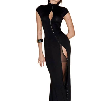 Black High Slit Dresses Half Turtleneck Zipper Slim Hip-Wrapped Long skirt Sexy Hot Girl Nightclub Dress For Women Streetwear 1