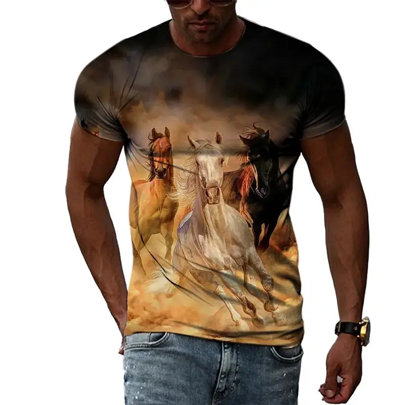 

Summer Leisure The Horse Pattern Men's T-shirt Hip Hop 3D Print Personality Funny Tees Round Neck Short Sleeve Tops