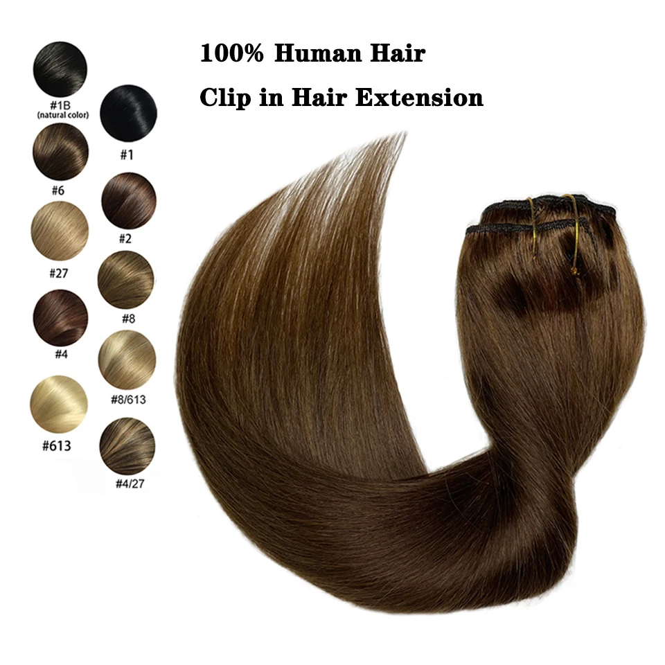 Hair Extensions Brazilian Remy Straight Clip In Human Natural Color #4 Full Head 120G For Black Women