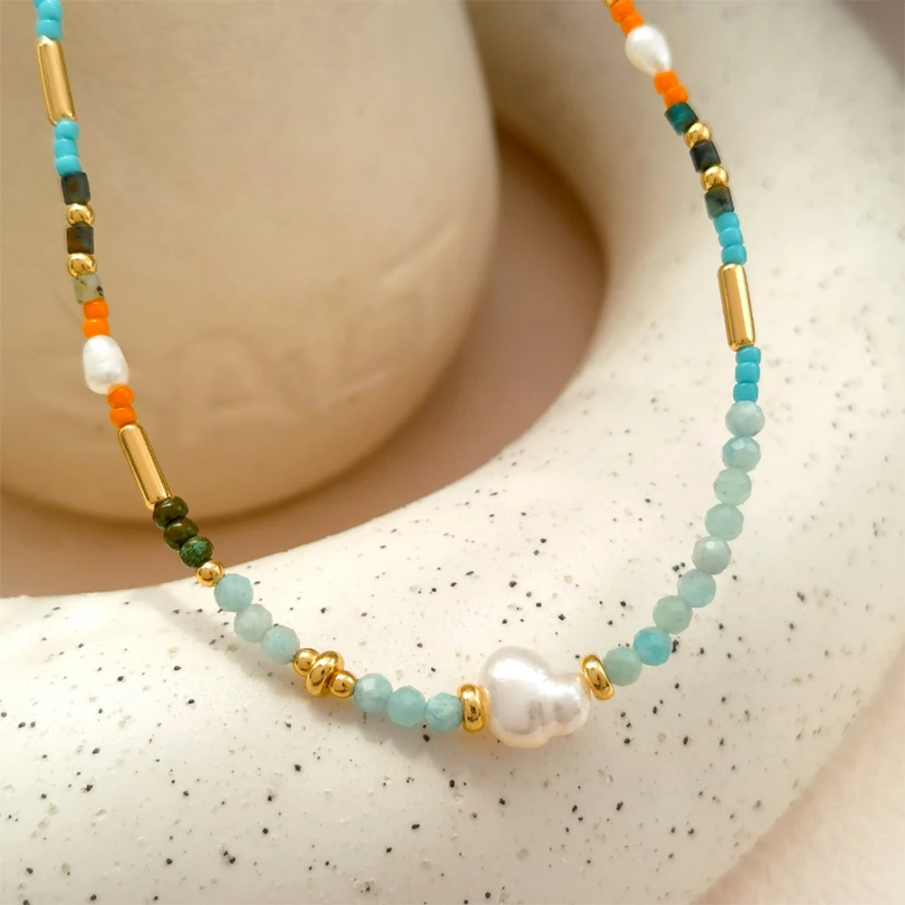 Vintage Temperament Natural stone cultured pearl Necklace for women's girl gift  Jewelry women accessories