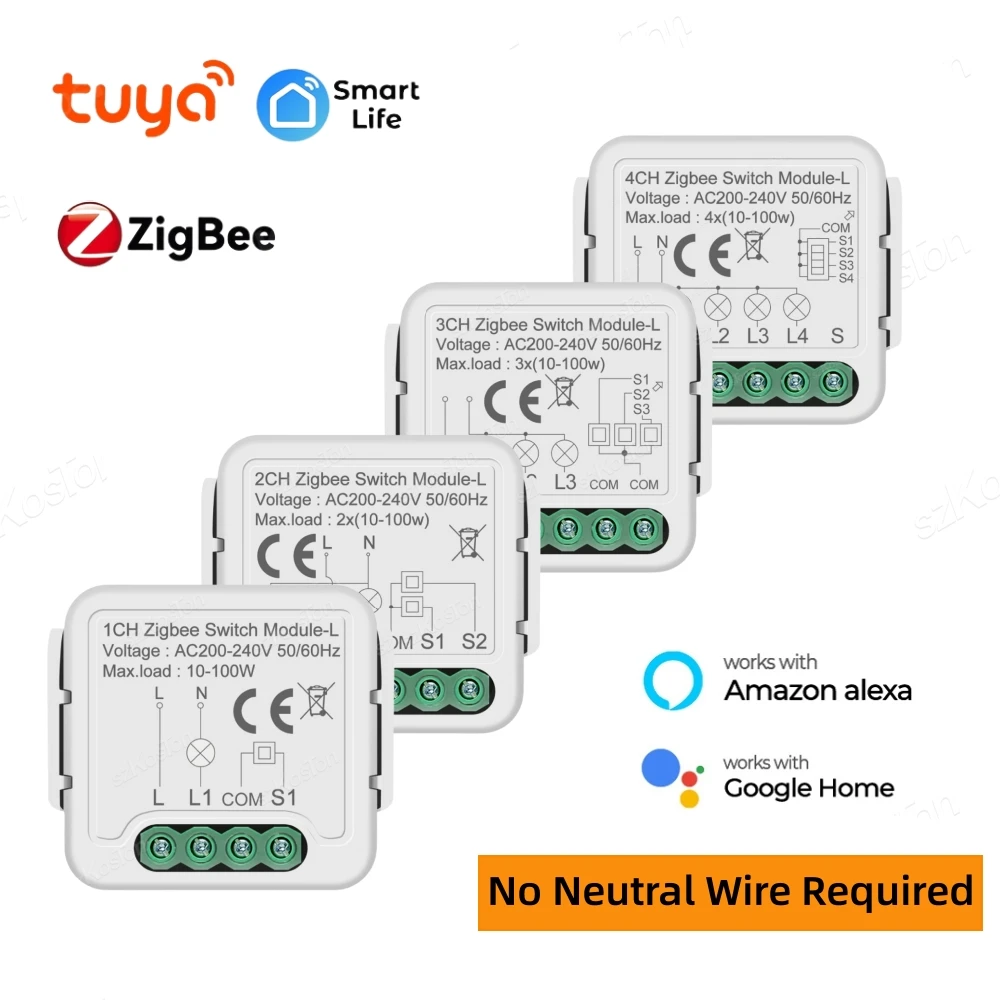 

No Neutral Wire Tuya ZigBee 3.0 Smart Switch Module Relay 1 2 3 4 Gang Smart Home DIY Light Breaker Works with Alexa Google