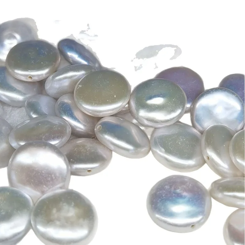 천연 15-16mm 화이트 DIY 양식 진주 버튼 비즈, 브레드 비즈, 풀드릴드 루즈 비즈