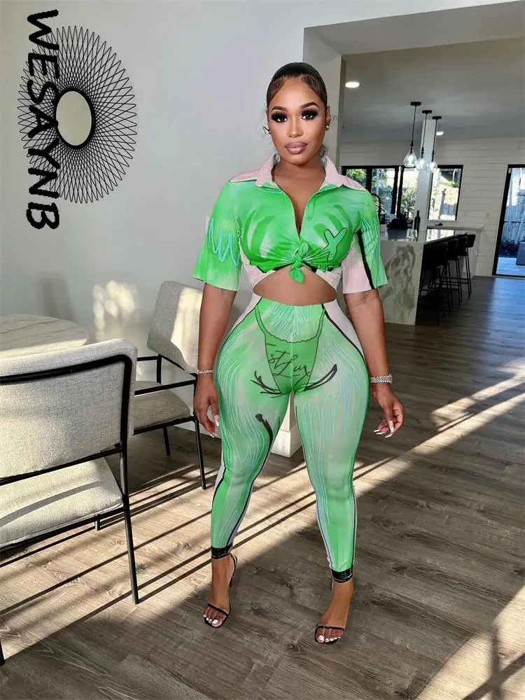 Streetwear 3D Print 2 two Piece Set Women Outfits Sexy Bandage V Neck Crop  Top Pants Skinny Club Green Tracksuit Women