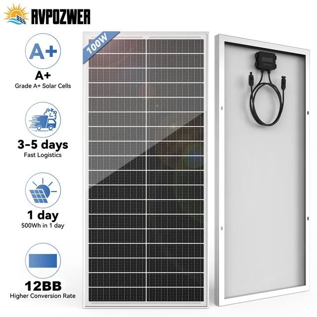 Panneau solaire monocristallin RVPOZWER 100W 12.8V 12BB, module solaire haute efficacité pour charger la batterie de camping-car et de remorque 1