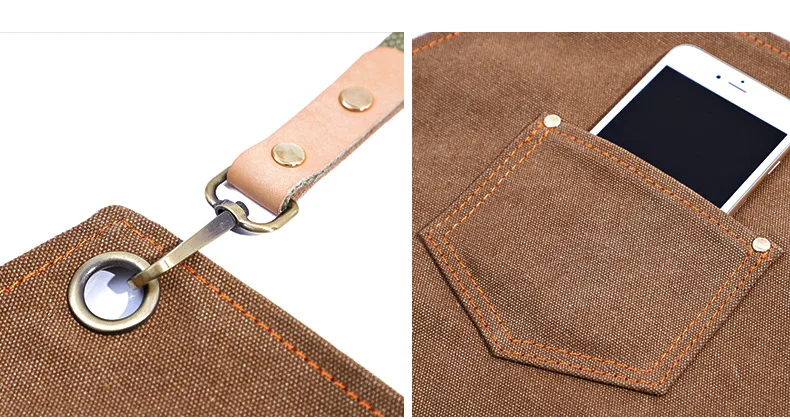Kaffeefarbene, verdickte Canvas-Schürze mit verlängertem Gurtband, Denim-Stoff für Milchladen, Friseur, Speisesaal, Bäcker – Detail 17