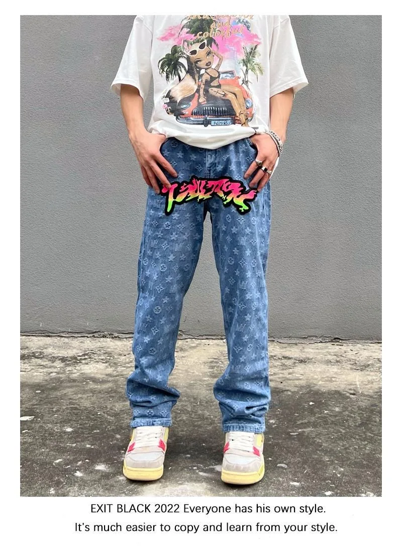 Jeans American High Street Embroidery Gradient Men's Spring and Autumn Tide Brand Hip Hop Loose Straight Pants