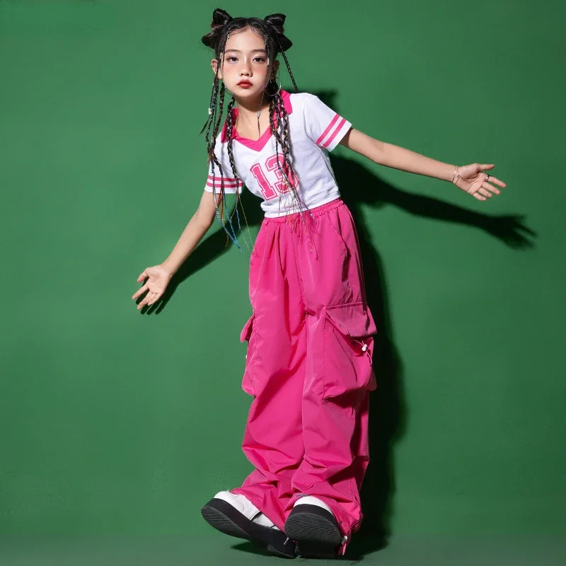 Girls Hip Hop Crop Tank Top Cargo Pants Clothes Sets Kids T-shirt Street Dance Joggers Child Polo Shirt Sweet Streetwear Costume