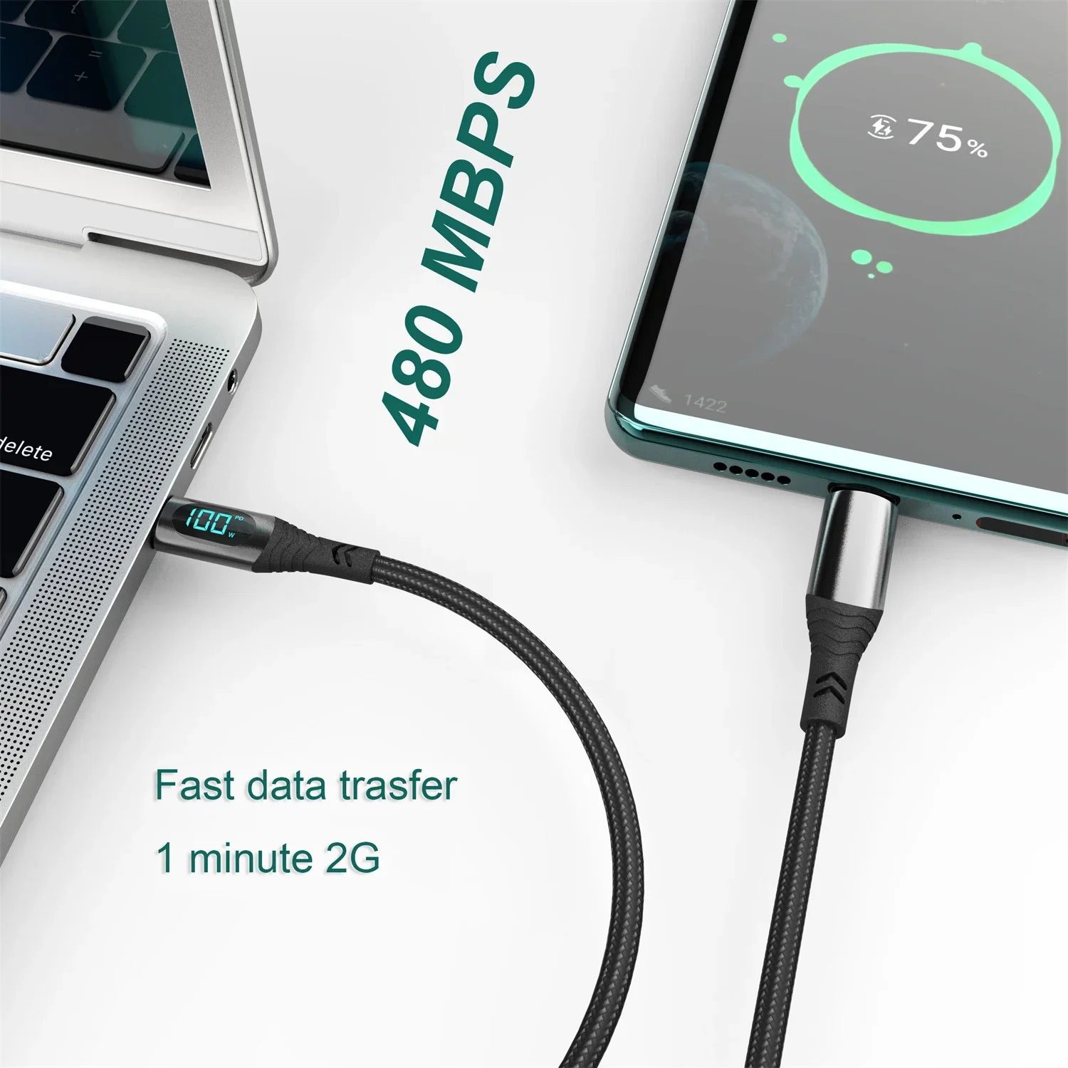 PD 100W USB 유형 C-USB C 케이블, iPhone 15 Pro Max Macbook 5A 고속 충전 충전기 데이터 와이어 코드 유형-C USBC 케이블 1M/2M