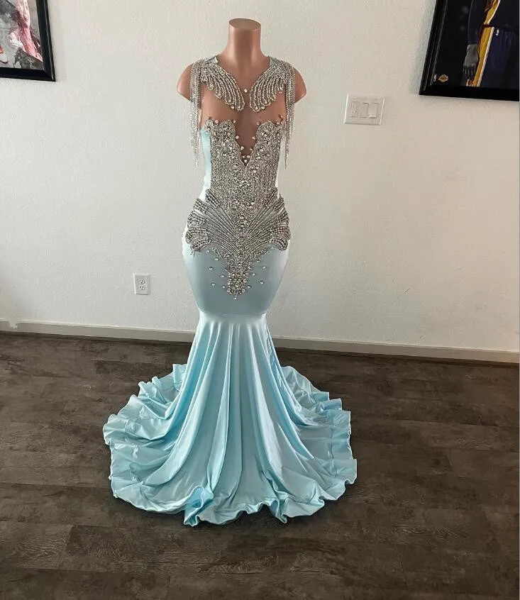 

Женское длинное вечернее платье с юбкой-годе, голубое платье с блестящими стразами и бахромой, платье для выпускного вечера, 2024