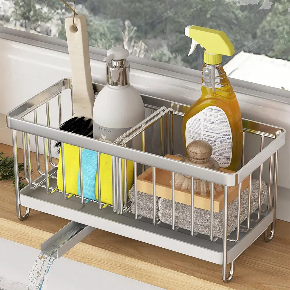 Kitchen Sink Caddy Organiser With Auto Drain Tray Sponge Storage Brush Holder: 3 - 5 Days Free Delivery Only UK