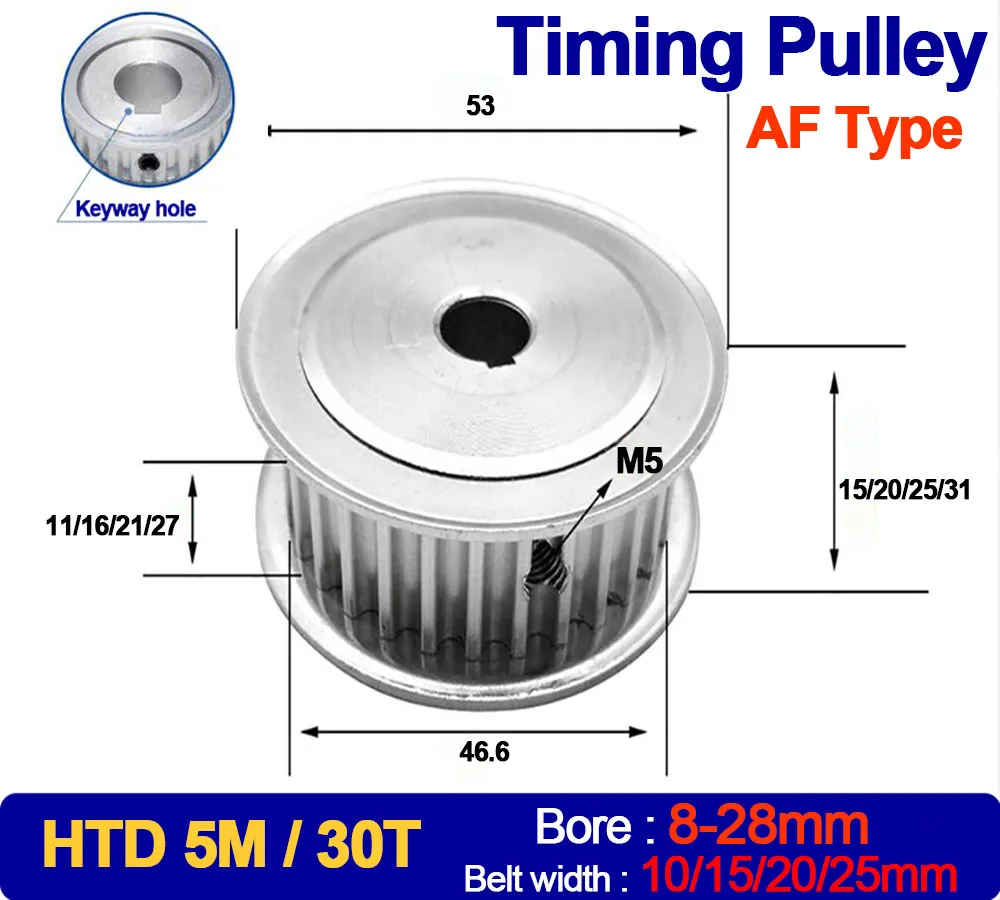 

1Pc 30 Teeth HTD5M Timing Pulley AF Type Keyway Bore 8-28mm For HTD 5M Synchronous Timing Belt Width 10/15/20/25mm 30T 30Teeth