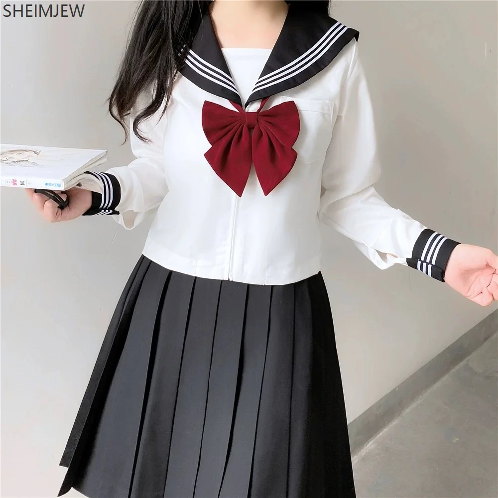 Japanese School Uniform Cute Girl Jk Suit Black Collar White Three-piece Suit Campus Sailor Bow Long-sleeved Uniform