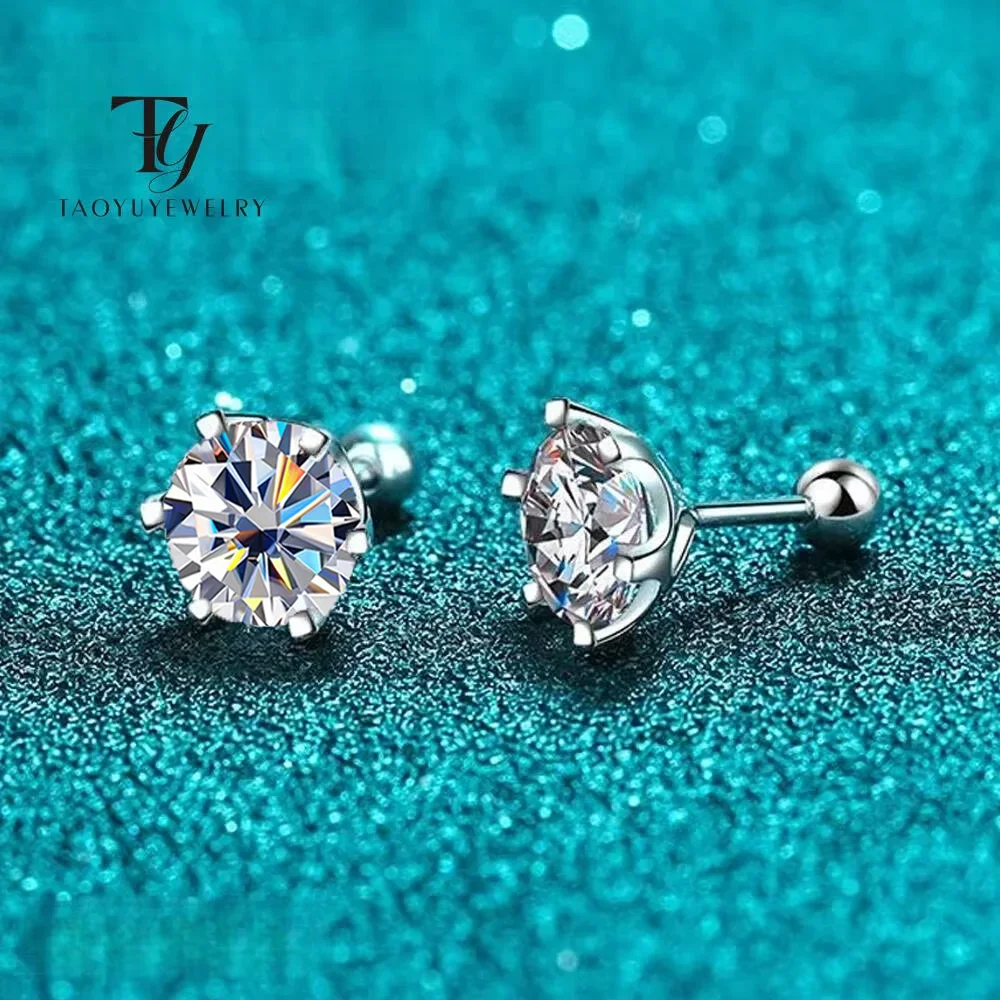 TY 0.3-2CT Moissanite Earrings 925 Sterling Silver Round Cut Stud Earrings Piercing Men Women Fine Jewelry