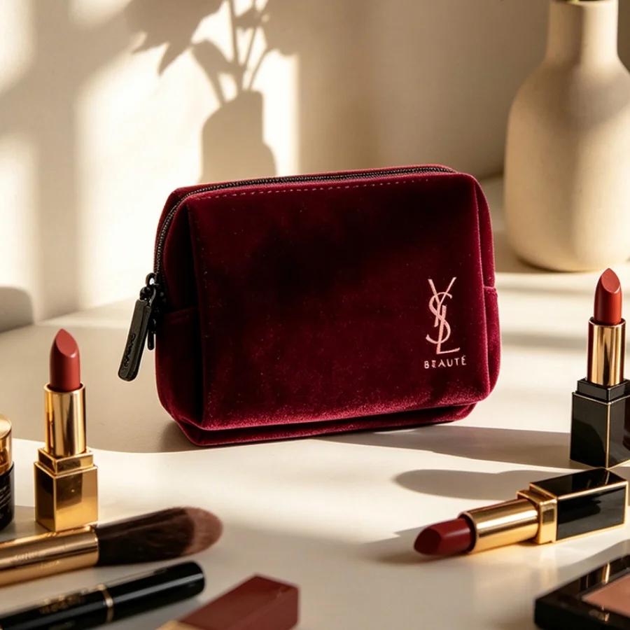 حقيبة YSL المخملية الصغيرة المحمولة باللون الأحمر النبيذي، حقيبة مستحضرات تجميل مربعة الشكل بتصميم عتيق، حقيبة تخزين بسحاب لأحمر ا...