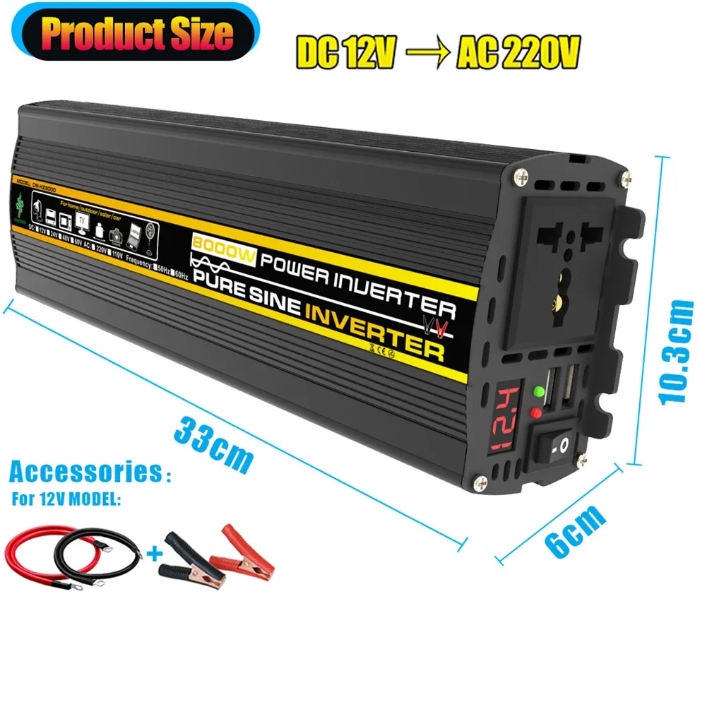 듀얼 USB LED 디스플레이 순수 사인파 지능형 전력 인버터, DC 12V-AC 220V, 3000, 4000, 6000, 8000W, 보조배터리 자동차 변환