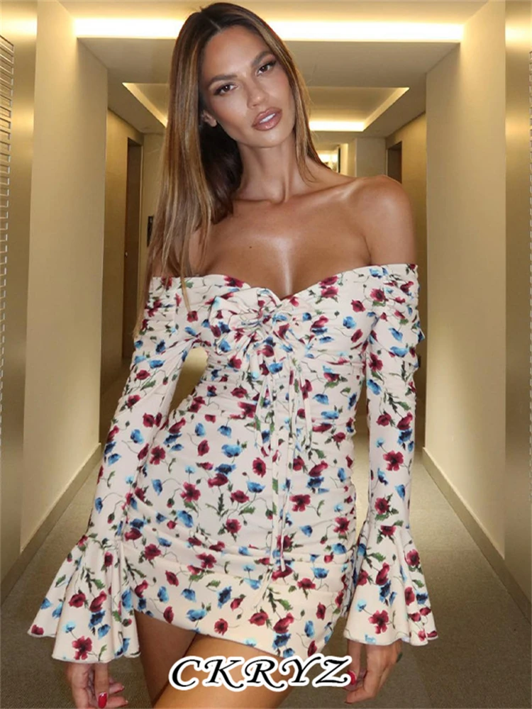 

Ckryz-Women Floral Print New Fashion Off Shoulder Long Sleeve Backless Sexy Bodycon Mini Dresse For Women Evening Party Clubwear