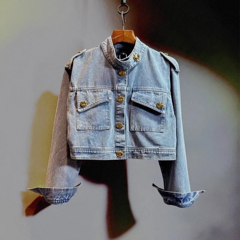 어린이 데님 재킷 새로운 소녀용 레트로 백 홀로우 칼라 긴팔 데님 코트 봄과 가을