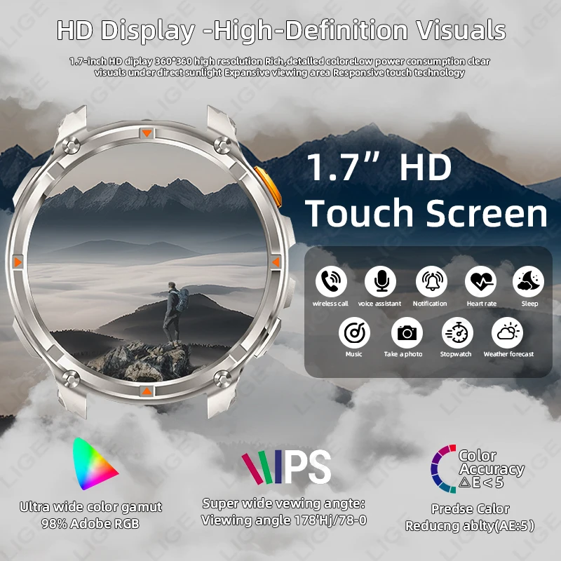 LIGE New 1100mAh Battery Smart Watch Military Compass LED Flashlight Men Outdoor Sport Watches Voice Calling 1.7" HD Smartwatch