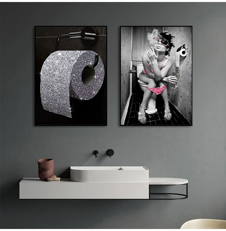 Fashion Sexy Woman Poster Print Girl Drinking Bar Canvas Painting Bling Toilet Roll Paper Picture Modern Wall Art Bathroom Decor